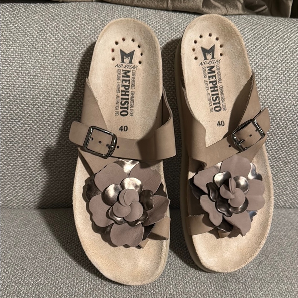 Mephisto Tan Sandals with Floral Accent 40